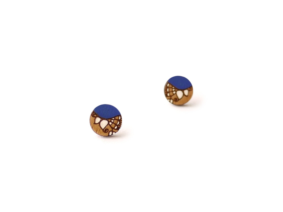 boho wooden earrings in royal blue color mini round