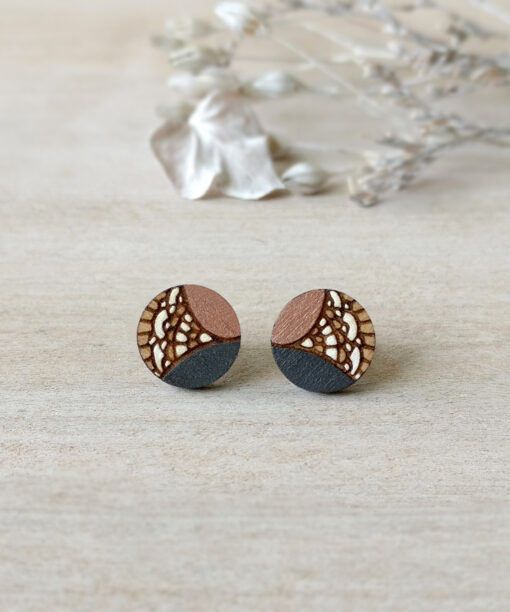 boho wooden studs in grey color mini round on background