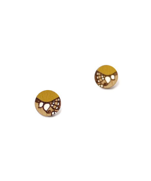 handcrafted wooden earrings in ochre color mini round