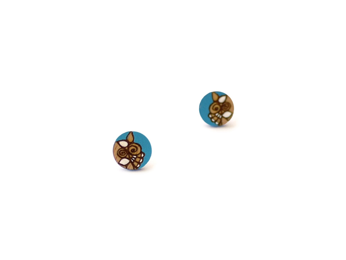 handmade wooden earrings in turquoise color mini round