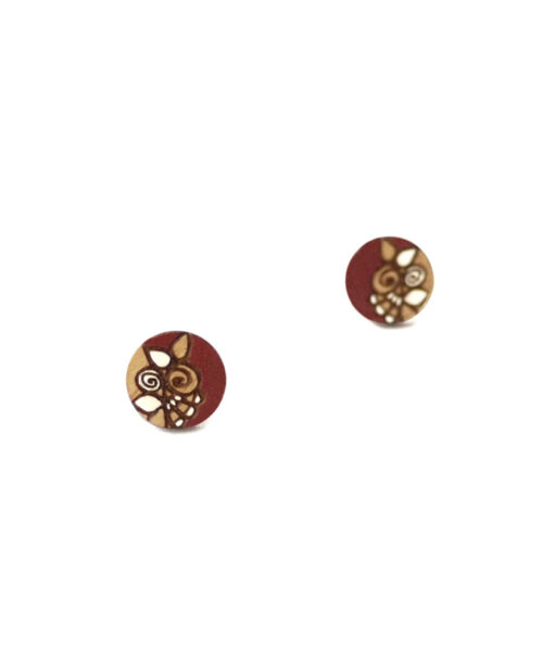 unique wooden earrings in dark red color mini round