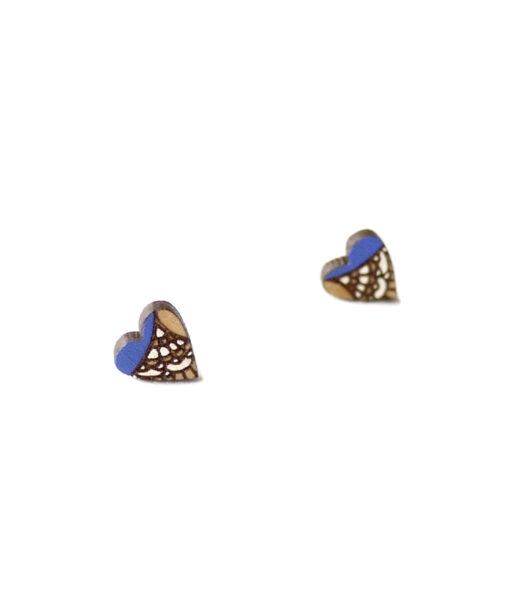 boho wooden heart earrings in royal blue color
