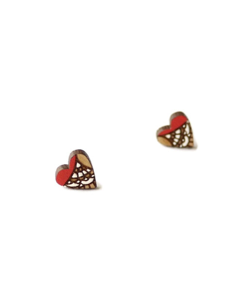 colorful wooden heart earrings in red color