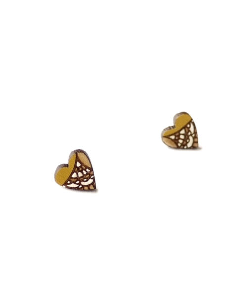 handcrafted wooden heart earrings in ochre color