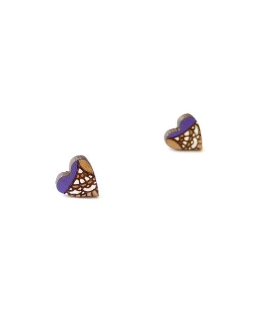 handcrafted wooden heart studs in purple color