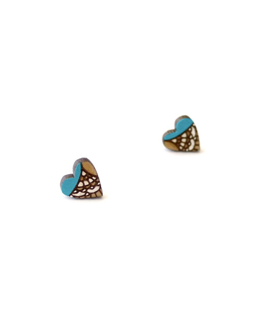 handmade wooden heart earrings in turquoise color