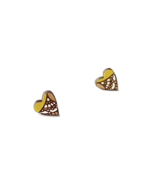 handmade wooden heart studs in yellow color