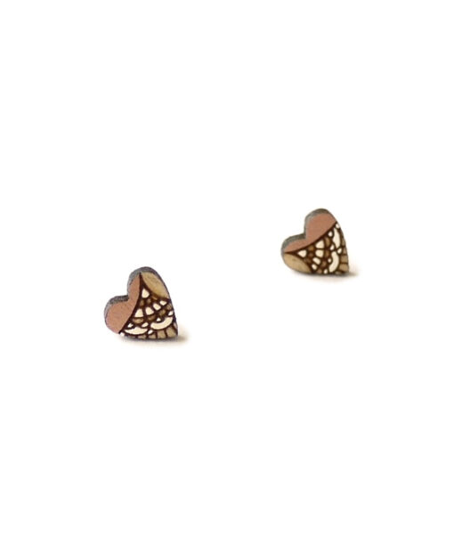 unique wooden heart studs in rose gold color