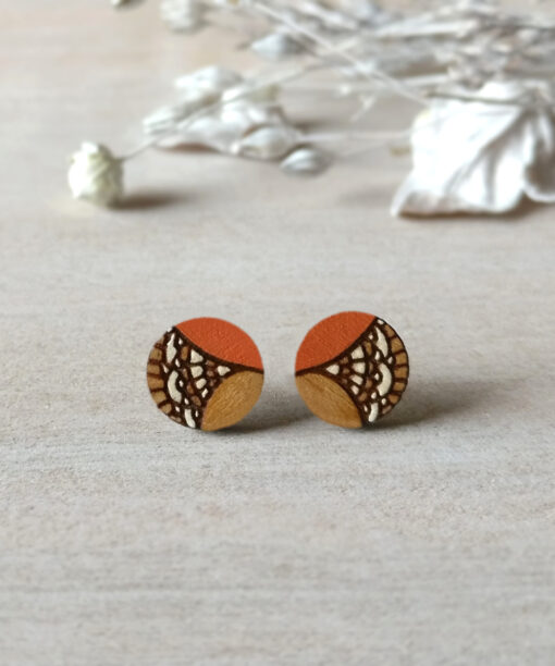 geometric wooden earrings mini round on background
