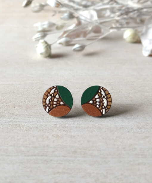 green copper wooden earrings mini round on background