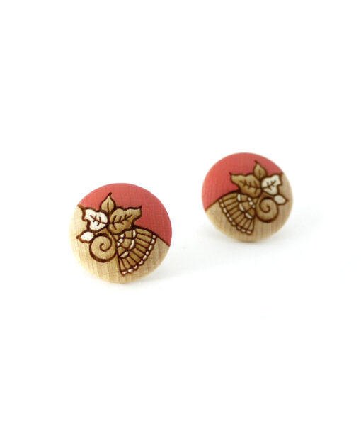 detailed wooden earrings in coral color large