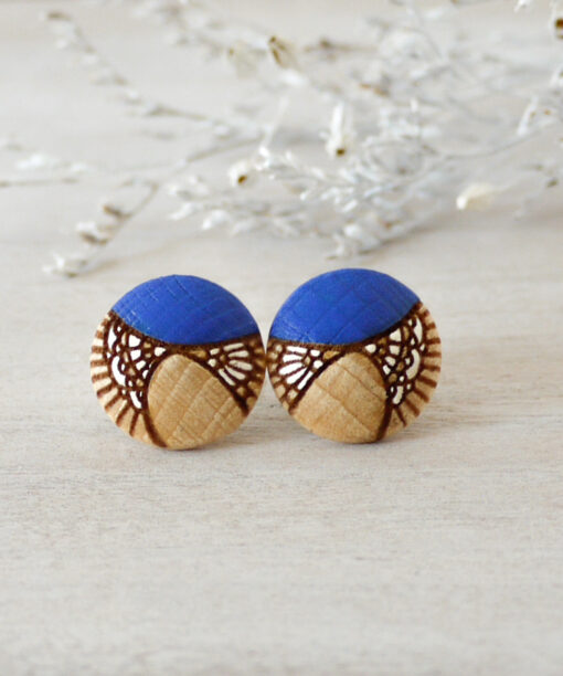 medium royal blue wooden earrings on background