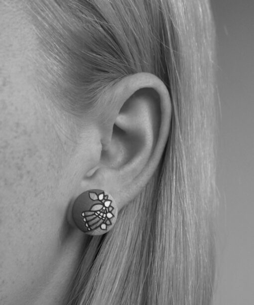 medium wooden earrings twig design on model