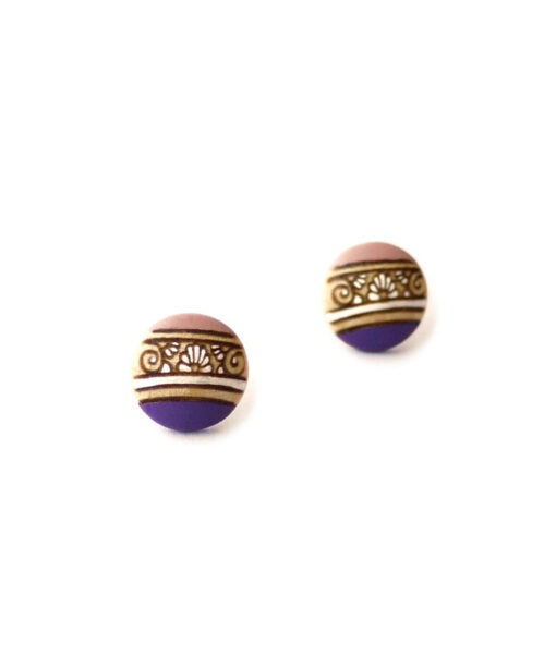 detailed wooden earrings in purple color small