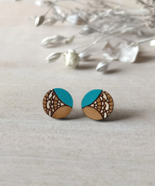 turquoise wooden earrings mini round on background