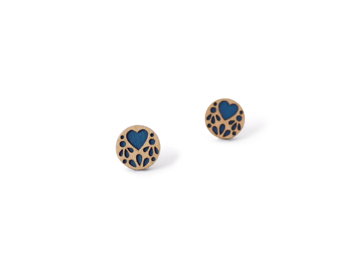 blue lace wooden earrings