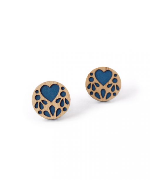 medium blue lace wooden earrings