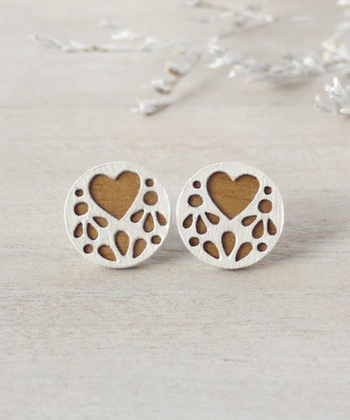 medium bride lace wooden earrings on background