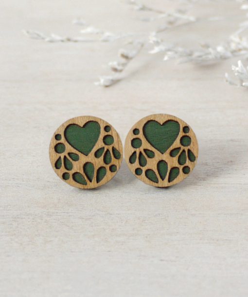 medium green lace wooden earrings on background
