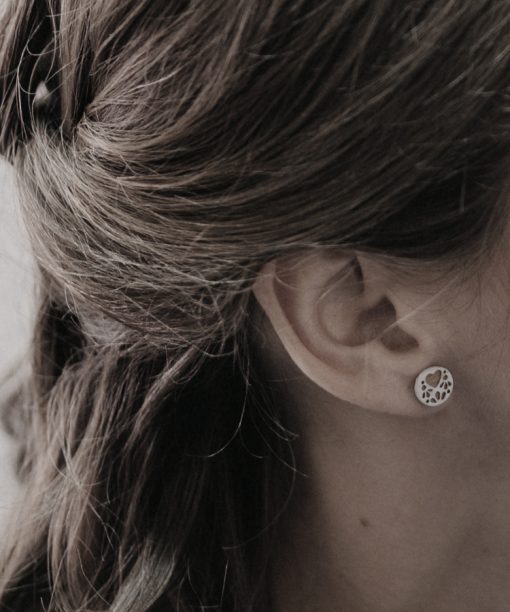 mini bride lace wooden earrings on model
