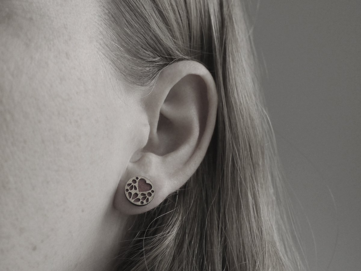 mini lace wooden earrings on model