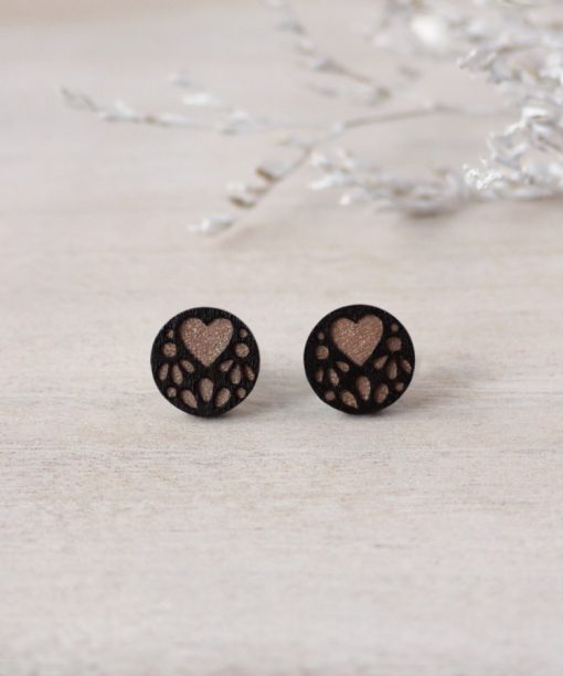 rose gold lace wooden earrings on background